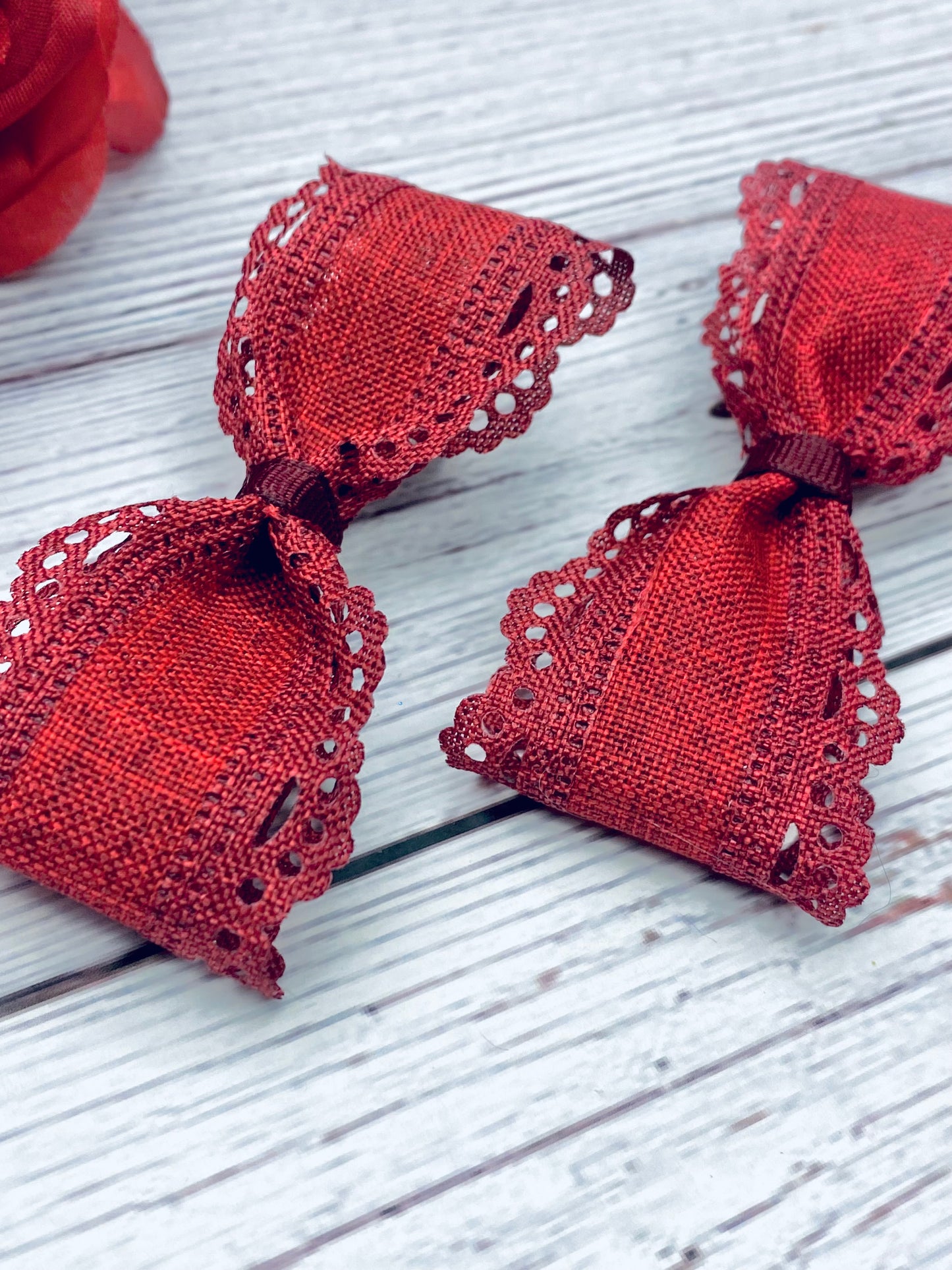 Dark Burgundy Lace Hair Bow- Crimson Scallops