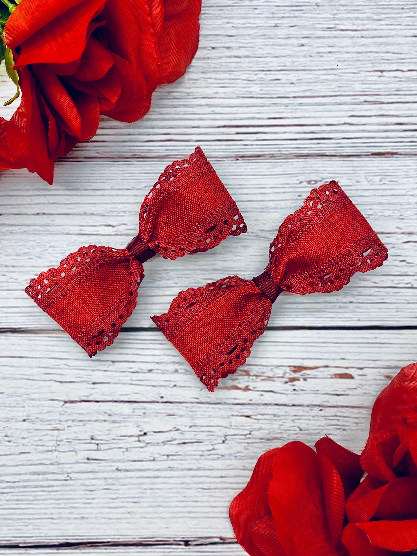 Dark Burgundy Lace Hair Bow- Crimson Scallops