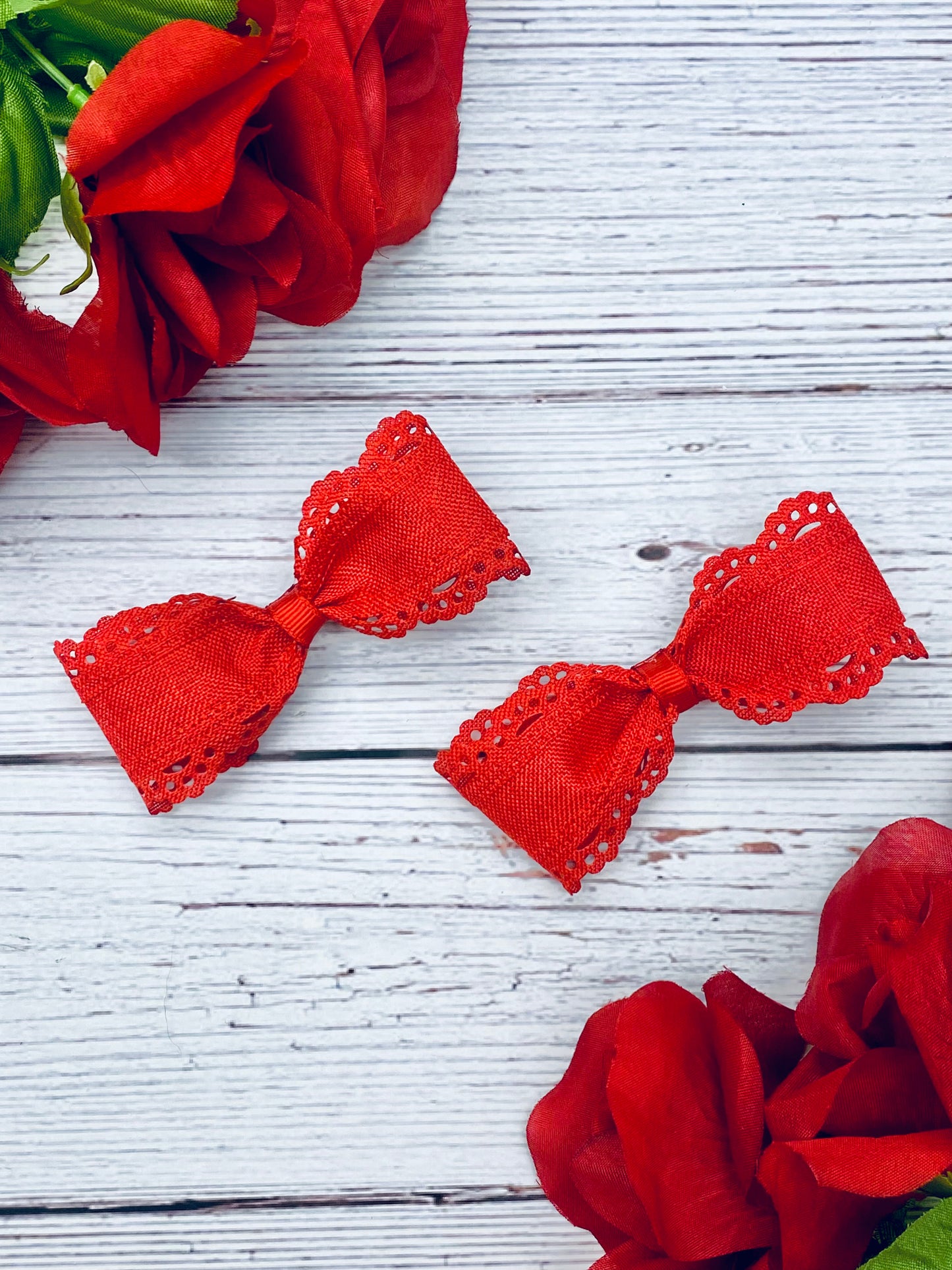Red Twisted Boutique Hair Bow with Lace Details- Cherry Scallops