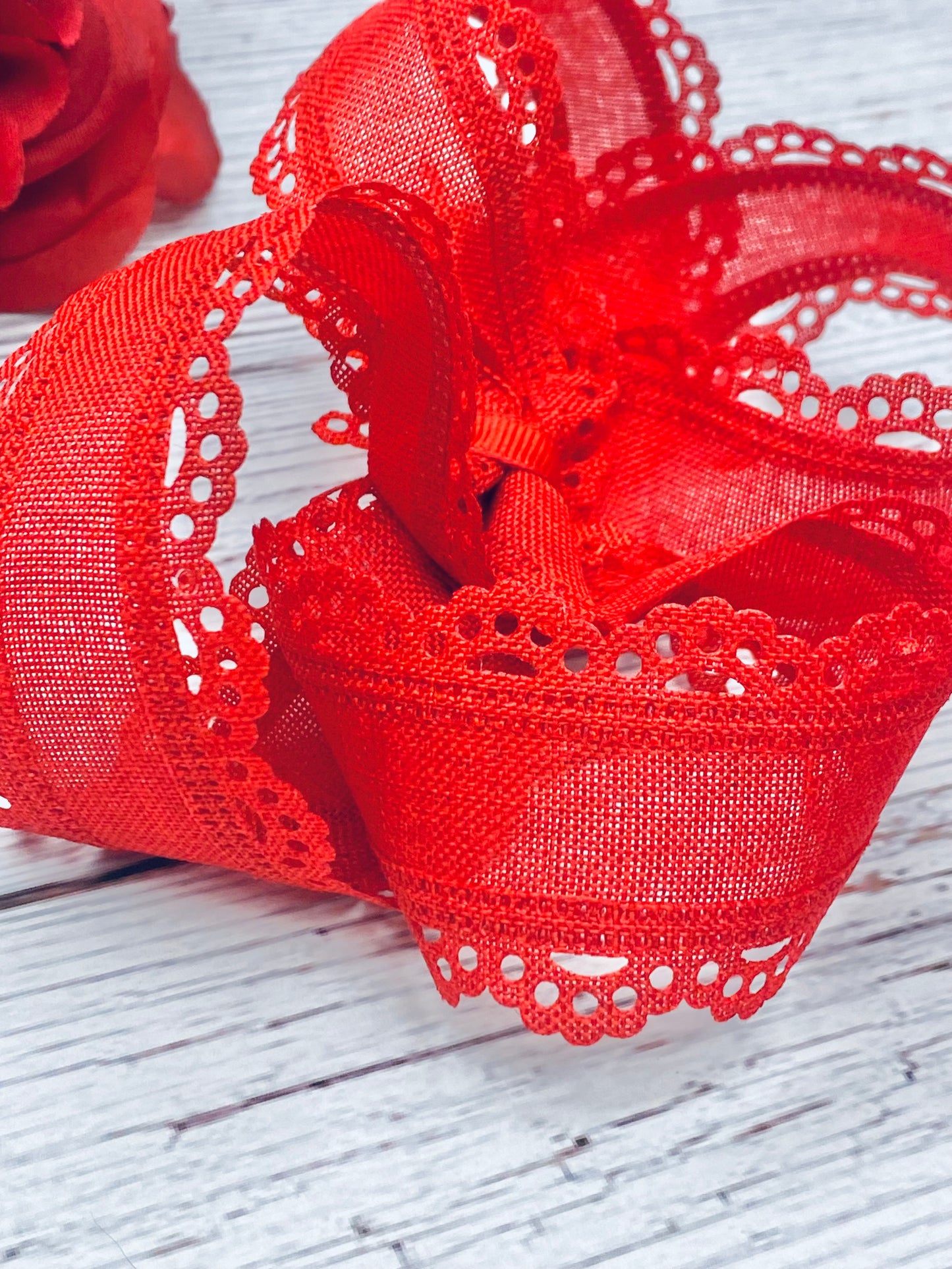 Red Twisted Boutique Hair Bow with Lace Details- Cherry Scallops