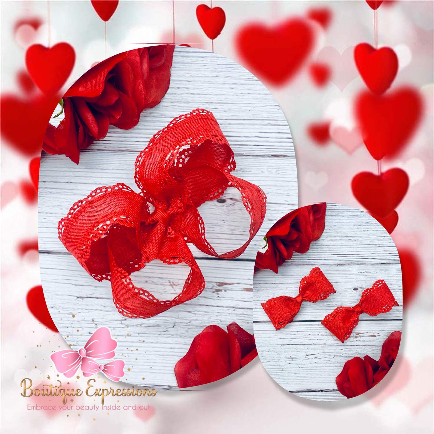 Red Twisted Boutique Hair Bow with Lace Details- Cherry Scallops