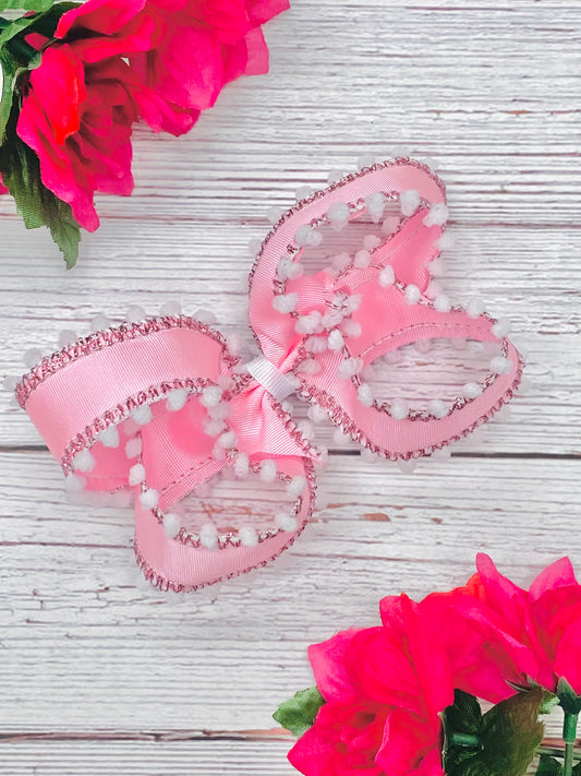 Pink Satin Boutique Hair Bow with White Chenille Detailing- Strawberries & Cream