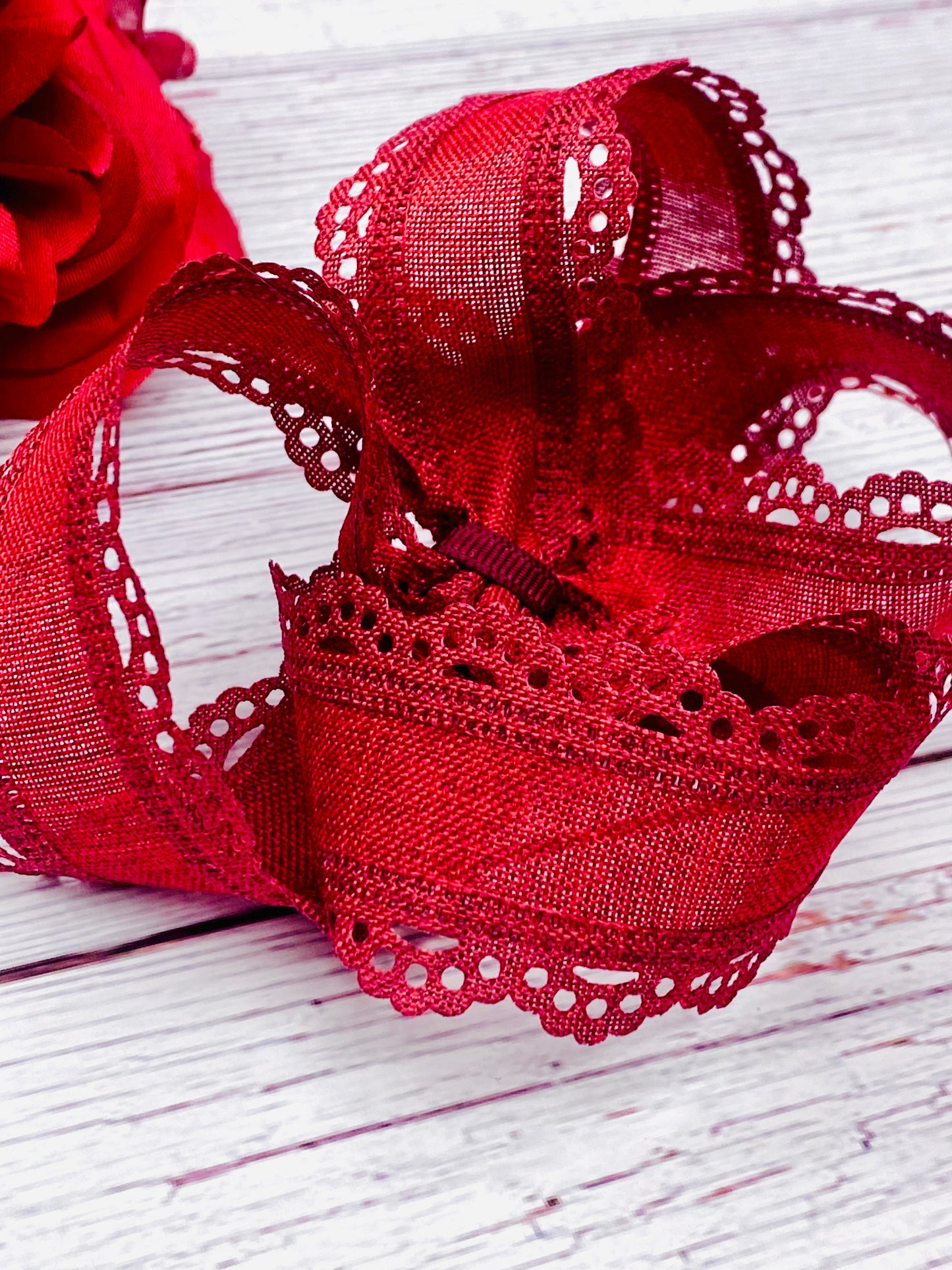 Dark Burgundy Lace Hair Bow- Crimson Scallops