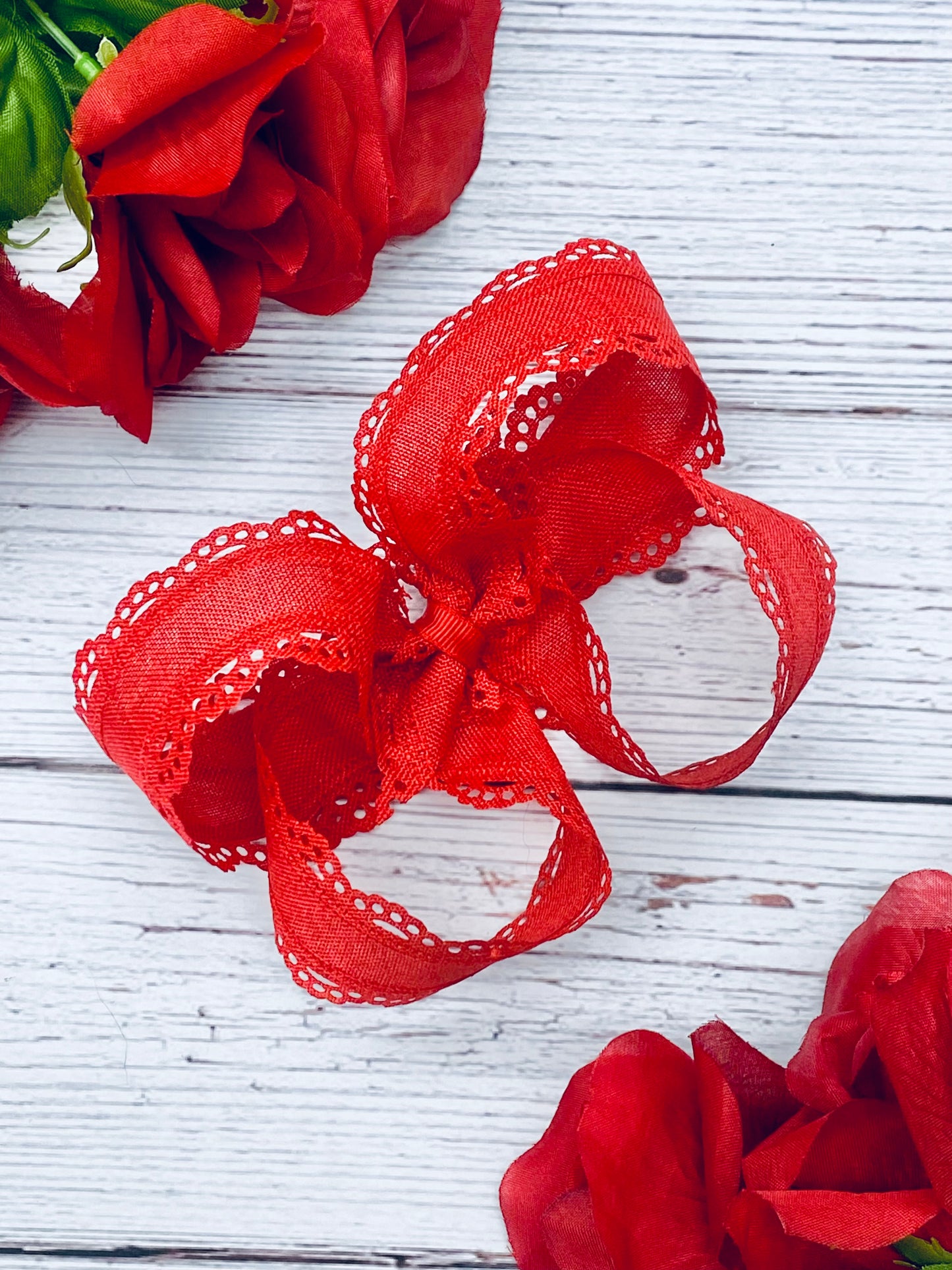 Red Twisted Boutique Hair Bow with Lace Details- Cherry Scallops