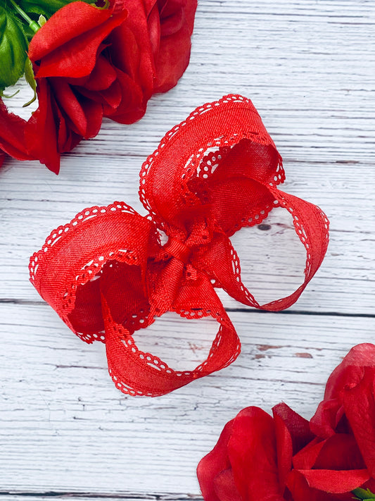 Red Twisted Boutique Hair Bow with Lace Details- Cherry Scallops