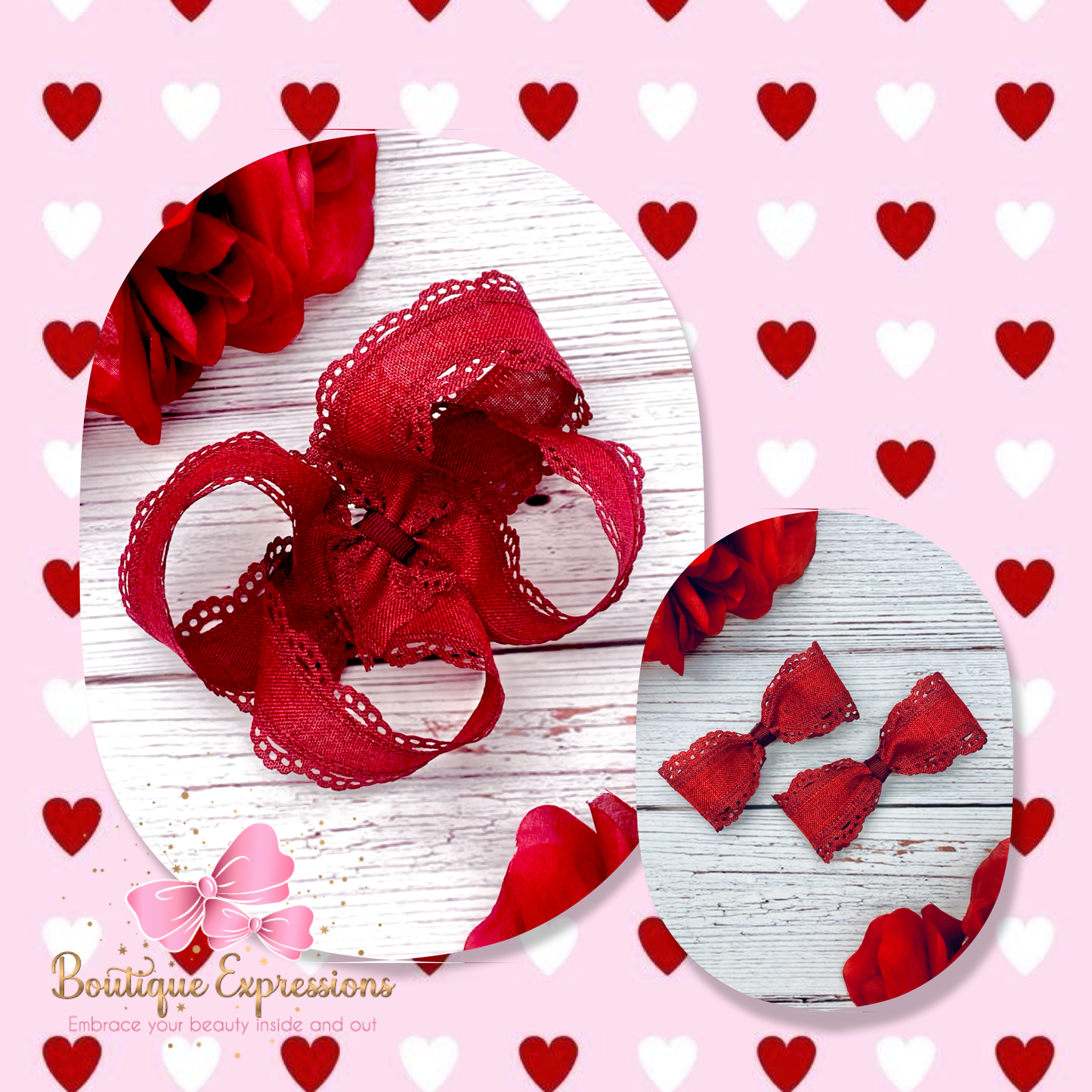 Dark Burgundy Lace Hair Bow- Crimson Scallops