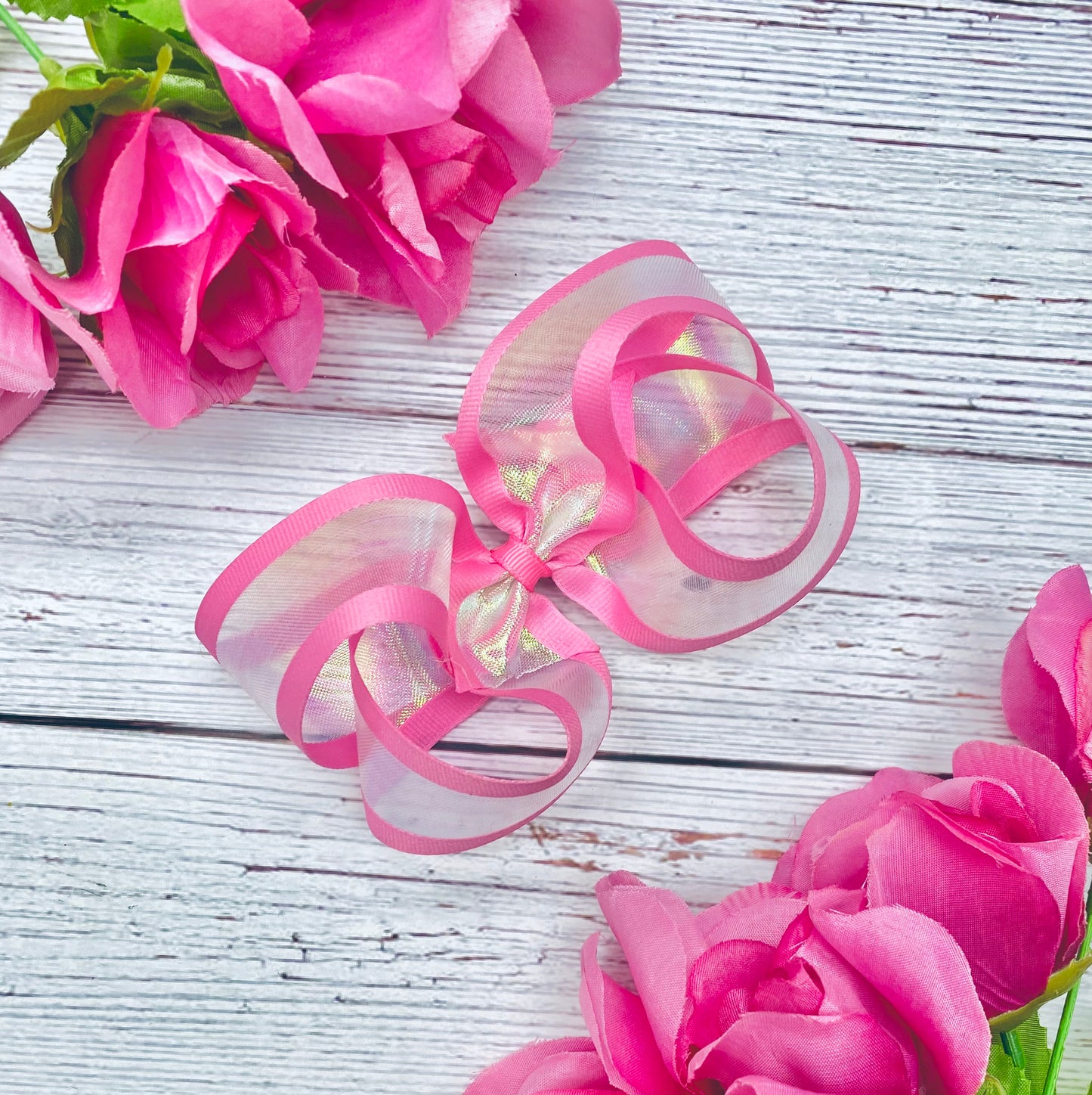 Pink Striped Sheer Boutique Hair Bow- Strawberry Glaze