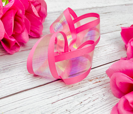 Pink Striped Sheer Boutique Hair Bow- Strawberry Glaze