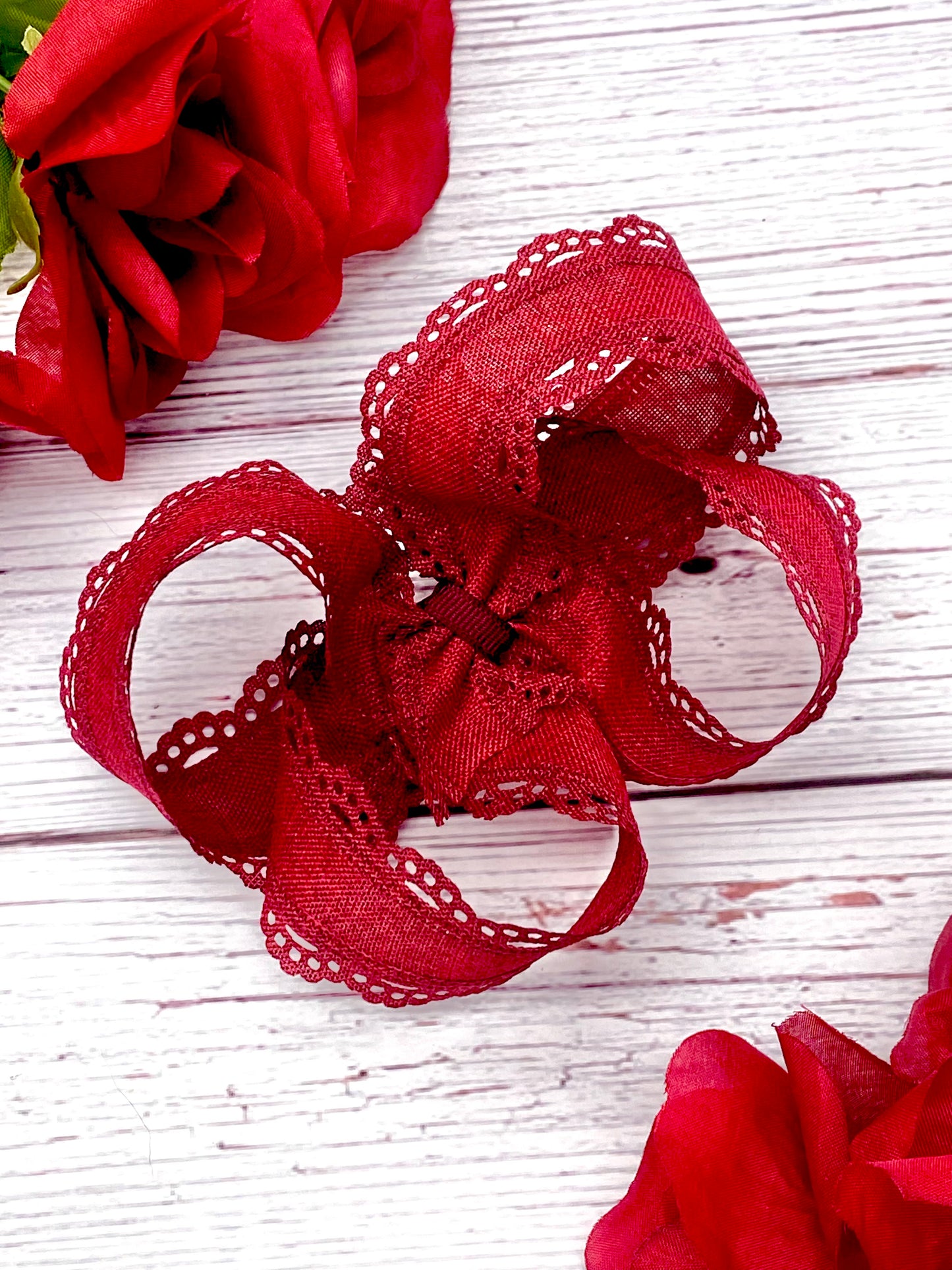 Dark Burgundy Lace Hair Bow- Crimson Scallops