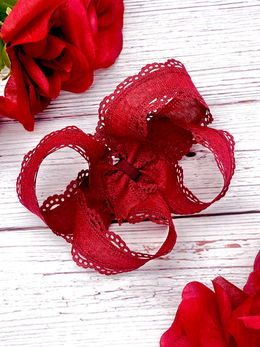 Dark Burgundy Lace Hair Bow- Crimson Scallops