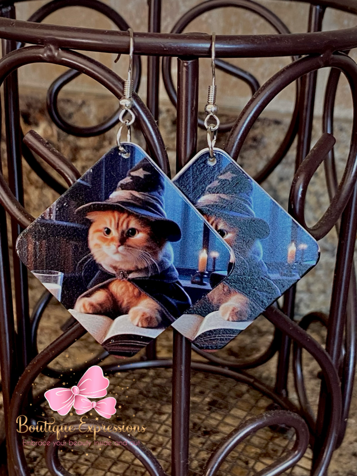 Halloween Kitty Wooden Diamond Earrings
