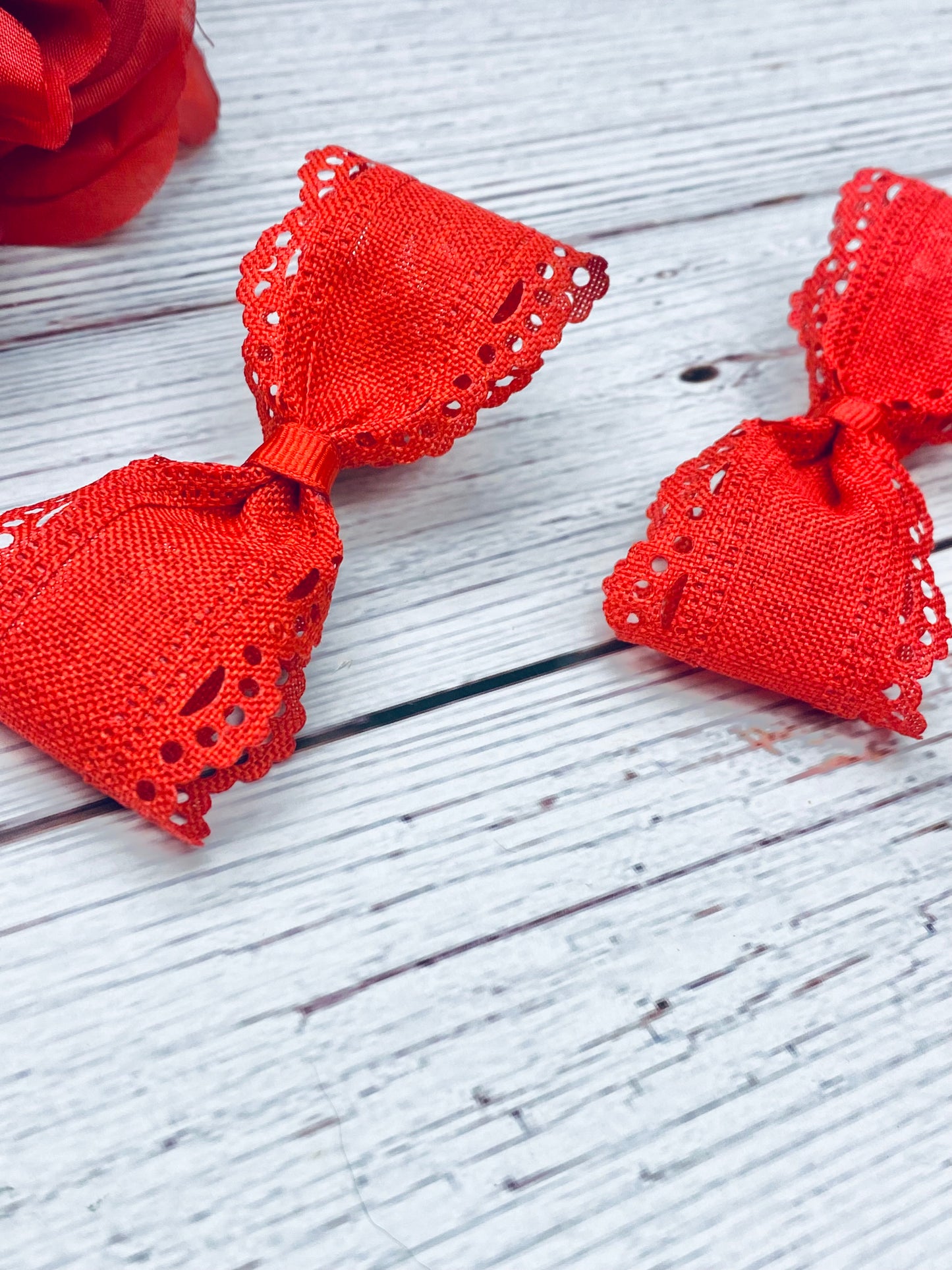 Red Twisted Boutique Hair Bow with Lace Details- Cherry Scallops