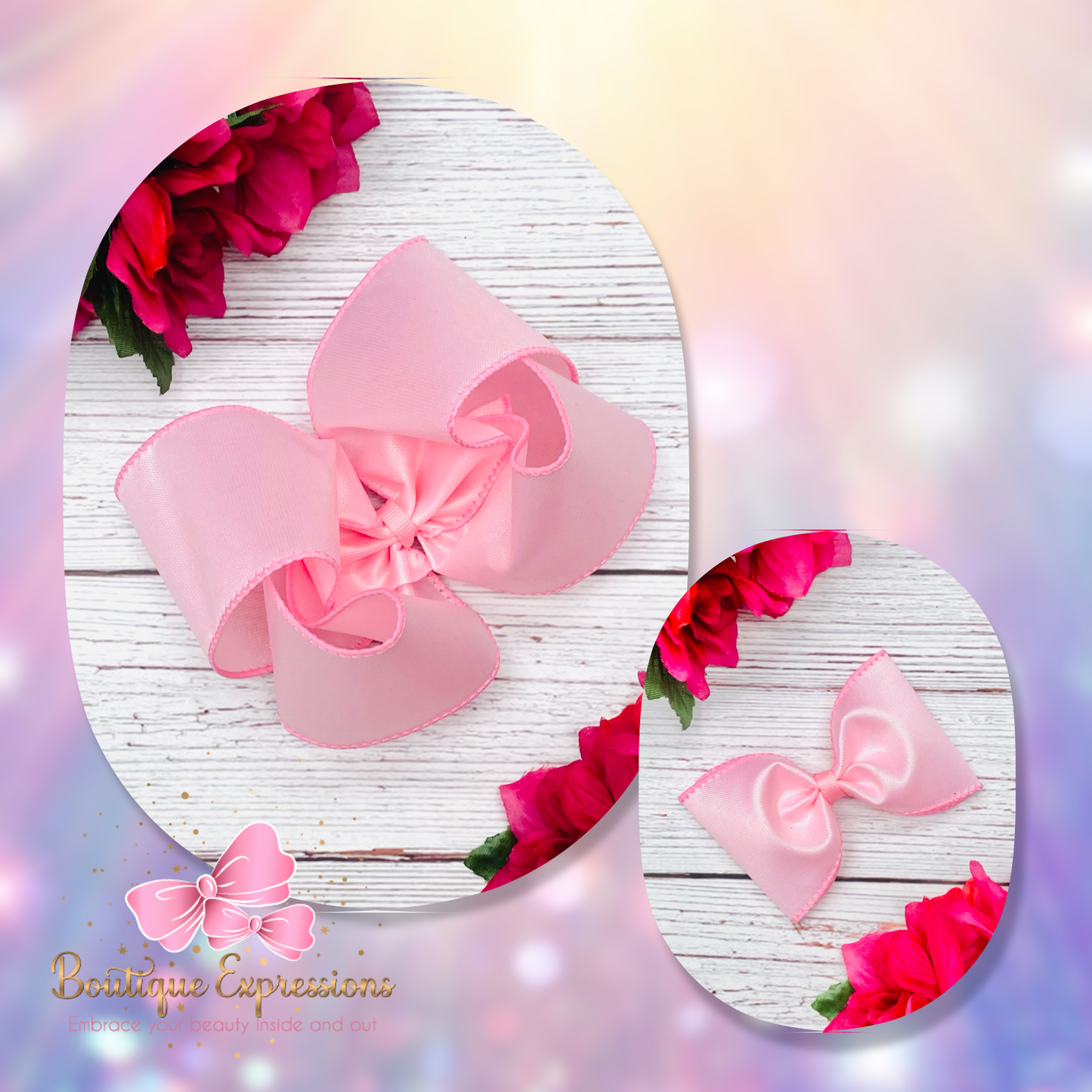 Pink Satin Iridescent Hair Bow- Pink Frosting